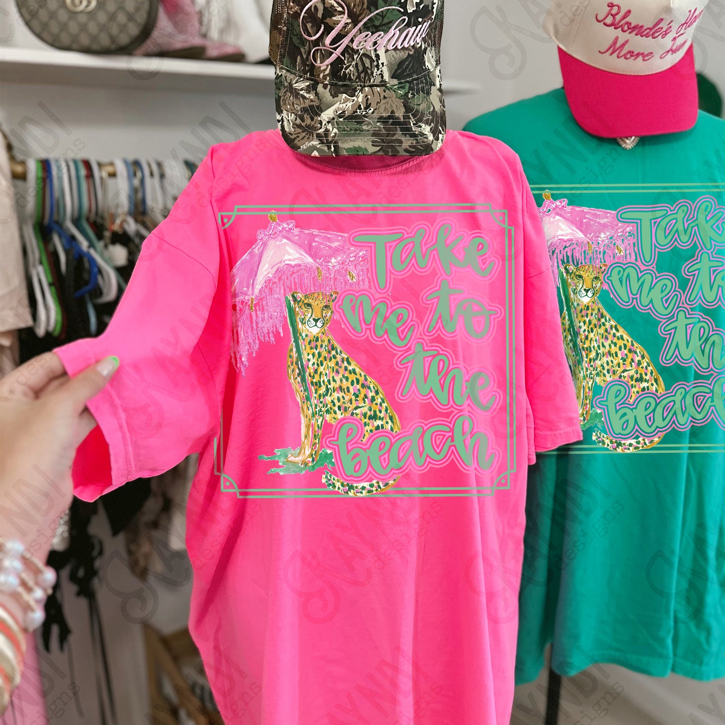 Take me to the Beach Sublimation Design PNG Digital Download Preppy Leopard Pink Green Gold