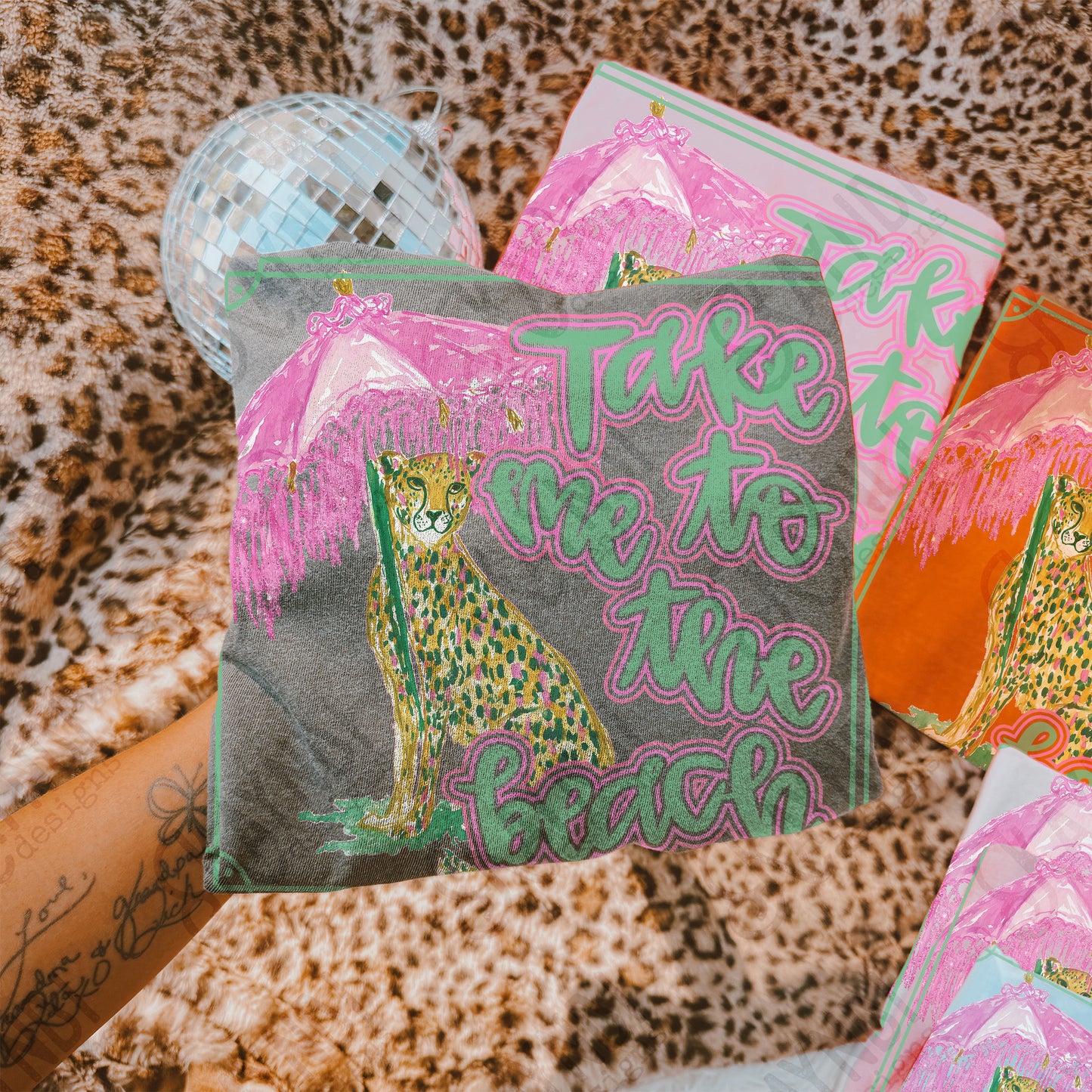 Take me to the Beach Sublimation Design PNG Digital Download Preppy Leopard Pink Green Gold