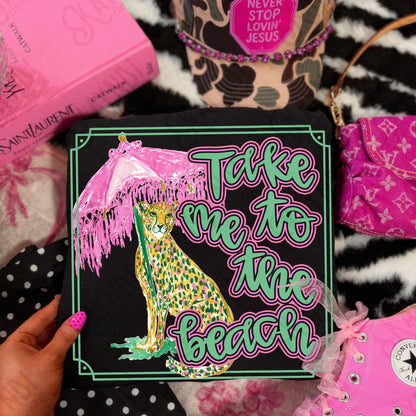 Take me to the Beach Sublimation Design PNG Digital Download Preppy Leopard Pink Green Gold