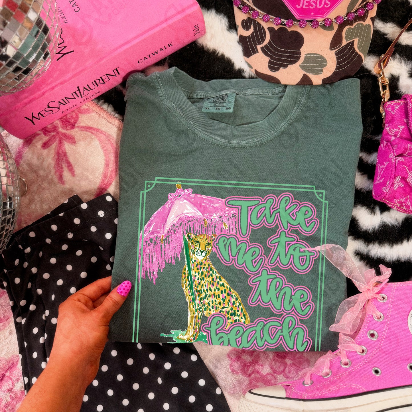 Take me to the Beach Sublimation Design PNG Digital Download Preppy Leopard Pink Green Gold