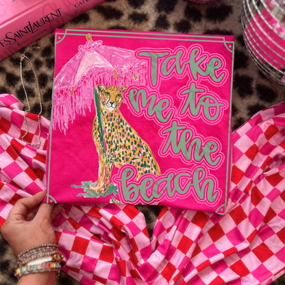 Take me to the Beach Sublimation Design PNG Digital Download Preppy Leopard Pink Green Gold