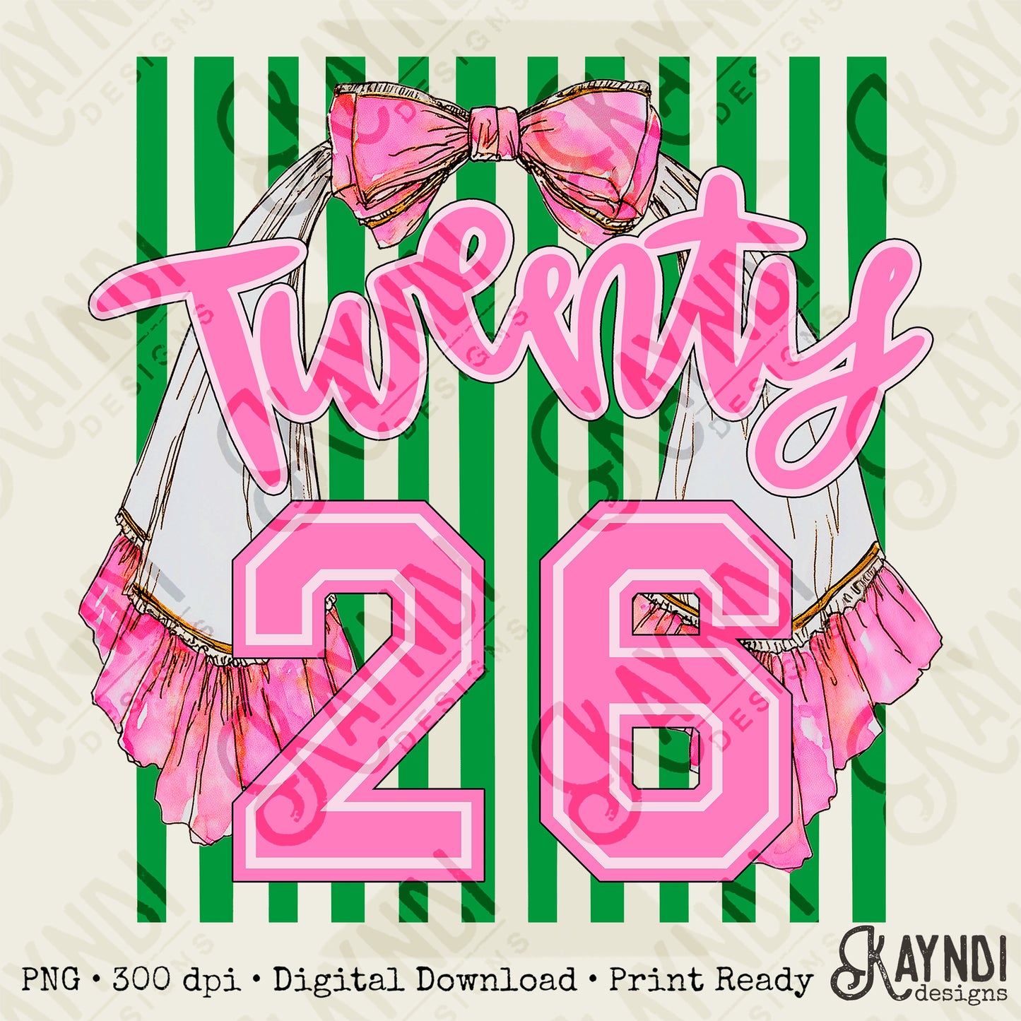 Twenty 26 Stole Sublimation Design PNG Digital Download Graduation Sash 2026 Green Stripes Preppy Senior