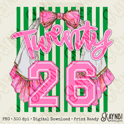 Twenty 26 Stole Sublimation Design PNG Digital Download Graduation Sash 2026 Green Stripes Preppy Senior