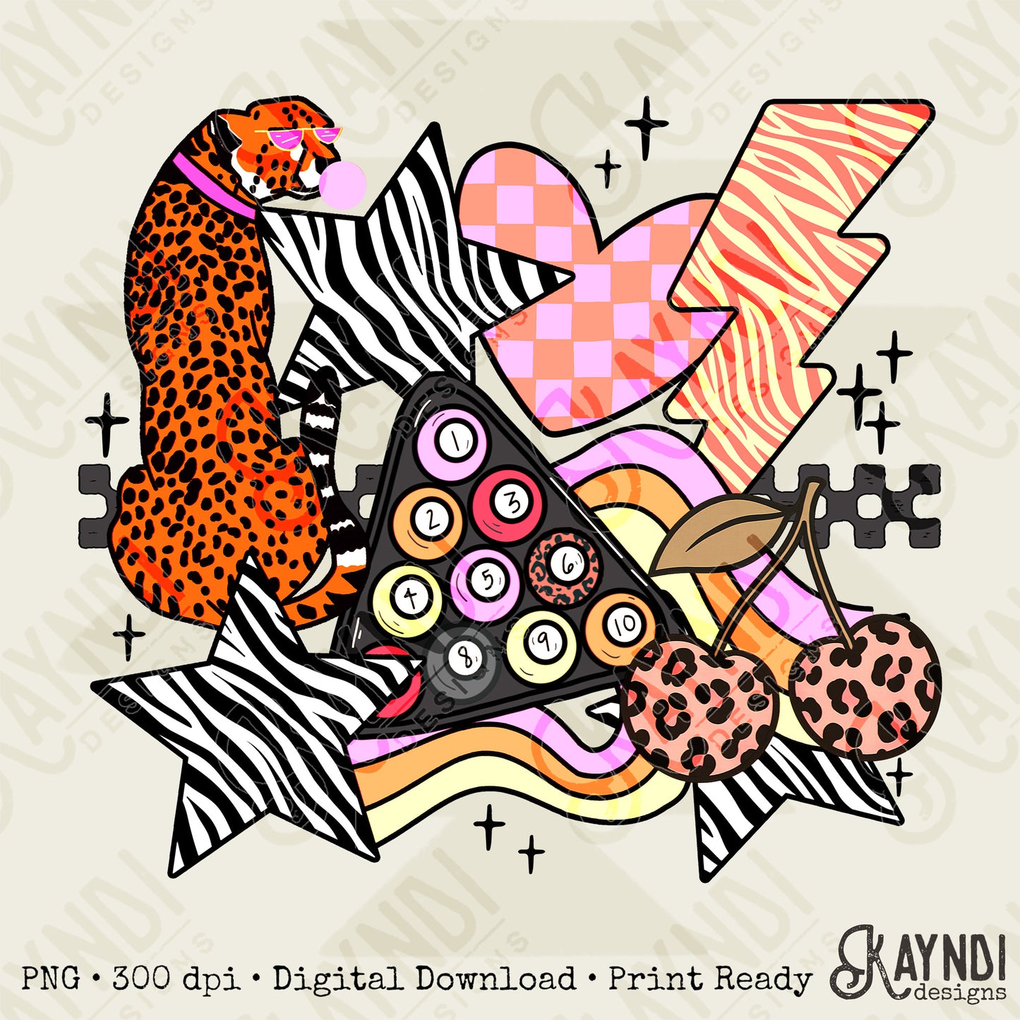 Wild Sticker Pastel Sublimation Design PNG Digital Download Heart Lightning Zebra Cheetah Leopard Billiards Checker