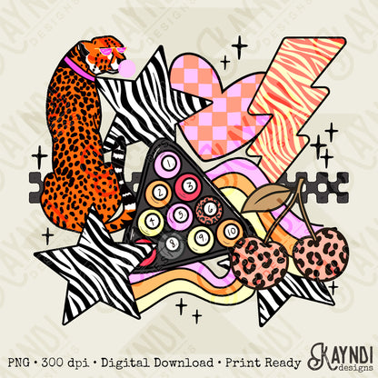 Wild Sticker Pastel Sublimation Design PNG Digital Download Heart Lightning Zebra Cheetah Leopard Billiards Checker