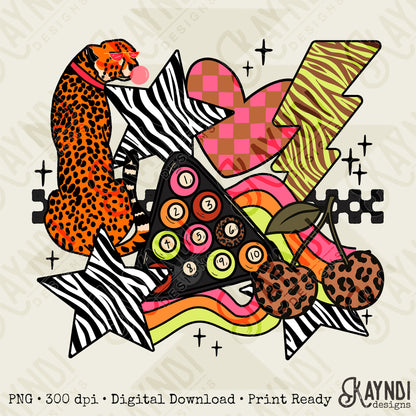 Wild Sticker Pink Sublimation Design PNG Digital Download Heart Lightning Zebra Cheetah Leopard Billiards Checker