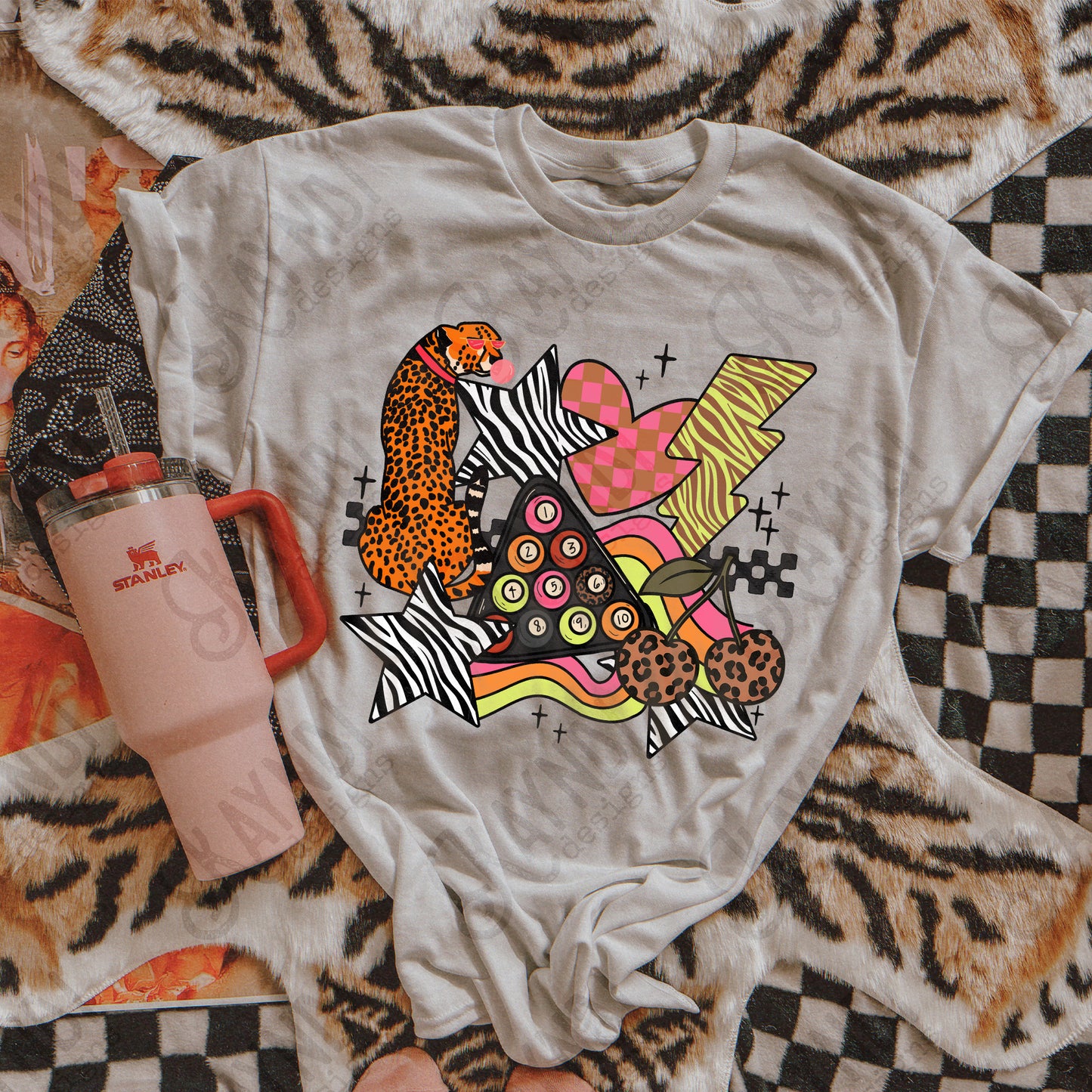 Wild Sticker Pink Sublimation Design PNG Digital Download Heart Lightning Zebra Cheetah Leopard Billiards Checker