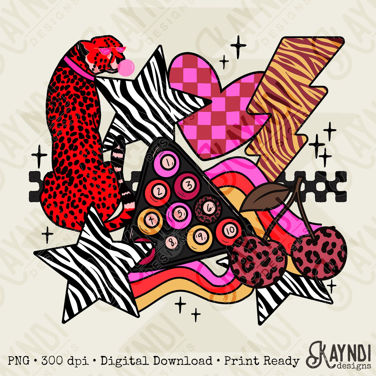 Wild Sticker Red Sublimation Design PNG Digital Download Heart Lightning Zebra Cheetah Leopard Billiards Checker