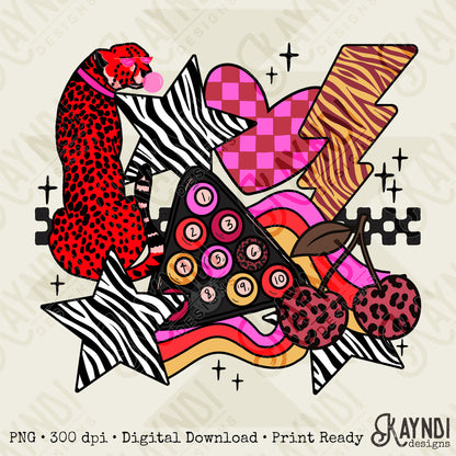 Wild Sticker Red Sublimation Design PNG Digital Download Heart Lightning Zebra Cheetah Leopard Billiards Checker