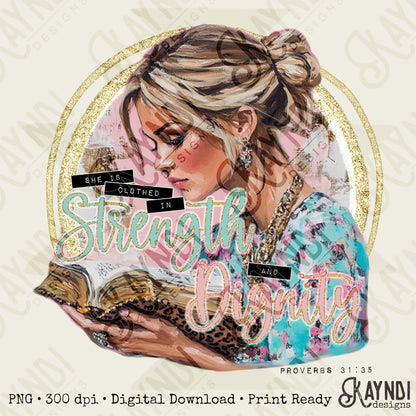 She is Clothed in Strength Sublimation Design PNG Digital Download Printable Faith Christian Bible