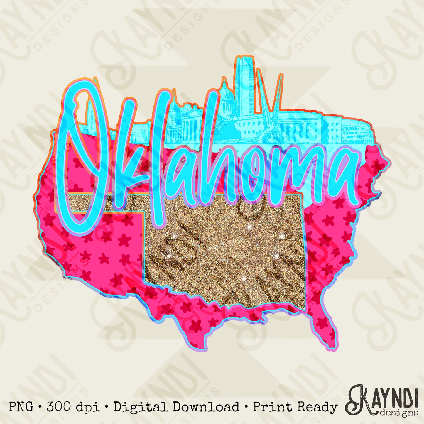 City Scape Oklahoma Sublimation Design PNG Digital Download USA State Pink Blue Glitter Stars