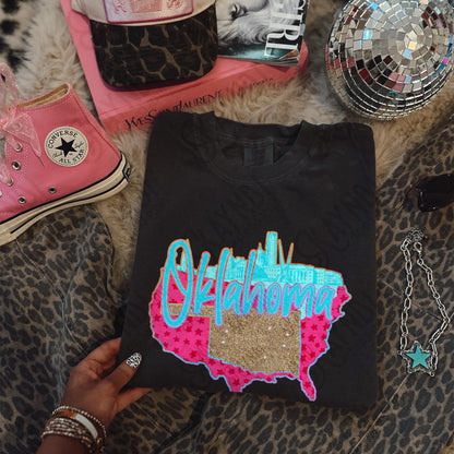 City Scape Oklahoma Sublimation Design PNG Digital Download USA State Pink Blue Glitter Stars