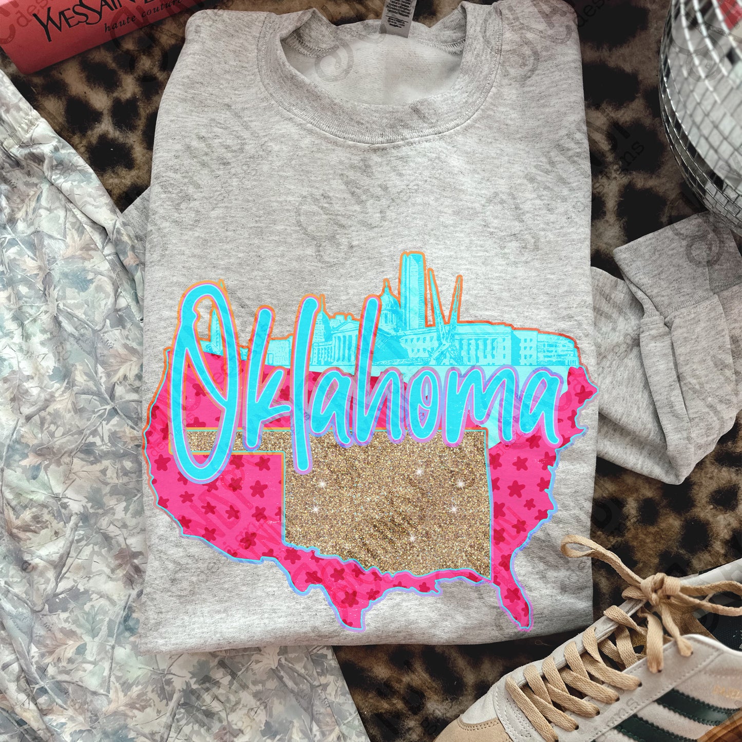 City Scape Oklahoma Sublimation Design PNG Digital Download USA State Pink Blue Glitter Stars