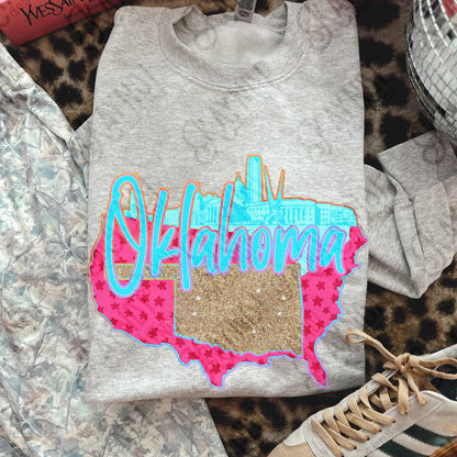 City Scape Oklahoma Sublimation Design PNG Digital Download USA State Pink Blue Glitter Stars