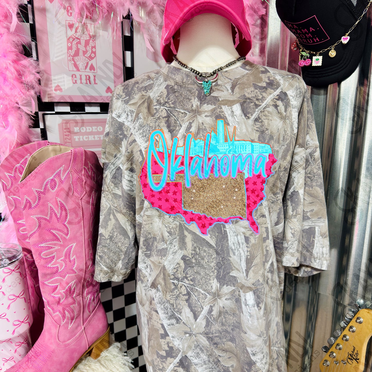 City Scape Oklahoma Sublimation Design PNG Digital Download USA State Pink Blue Glitter Stars