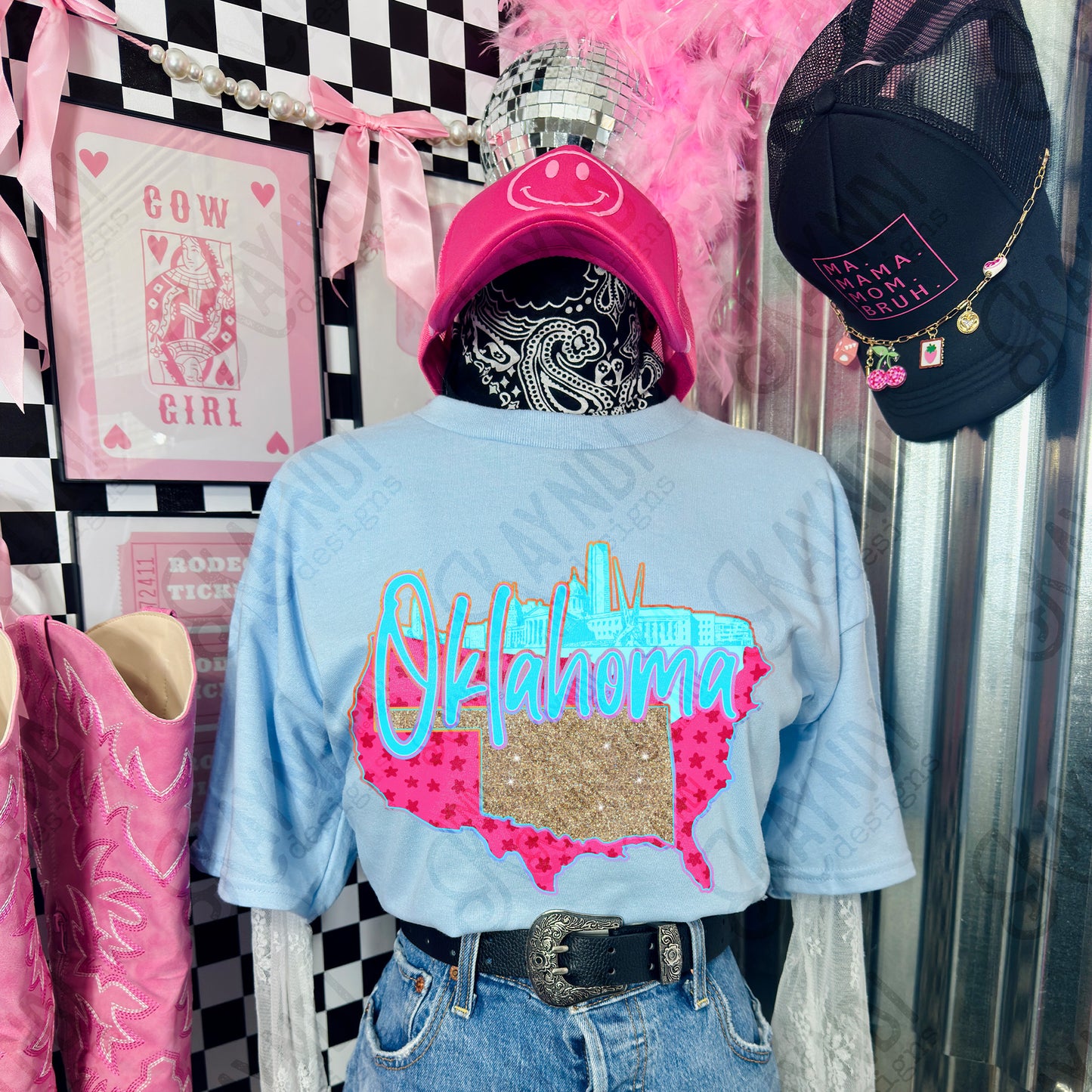 City Scape Oklahoma Sublimation Design PNG Digital Download USA State Pink Blue Glitter Stars