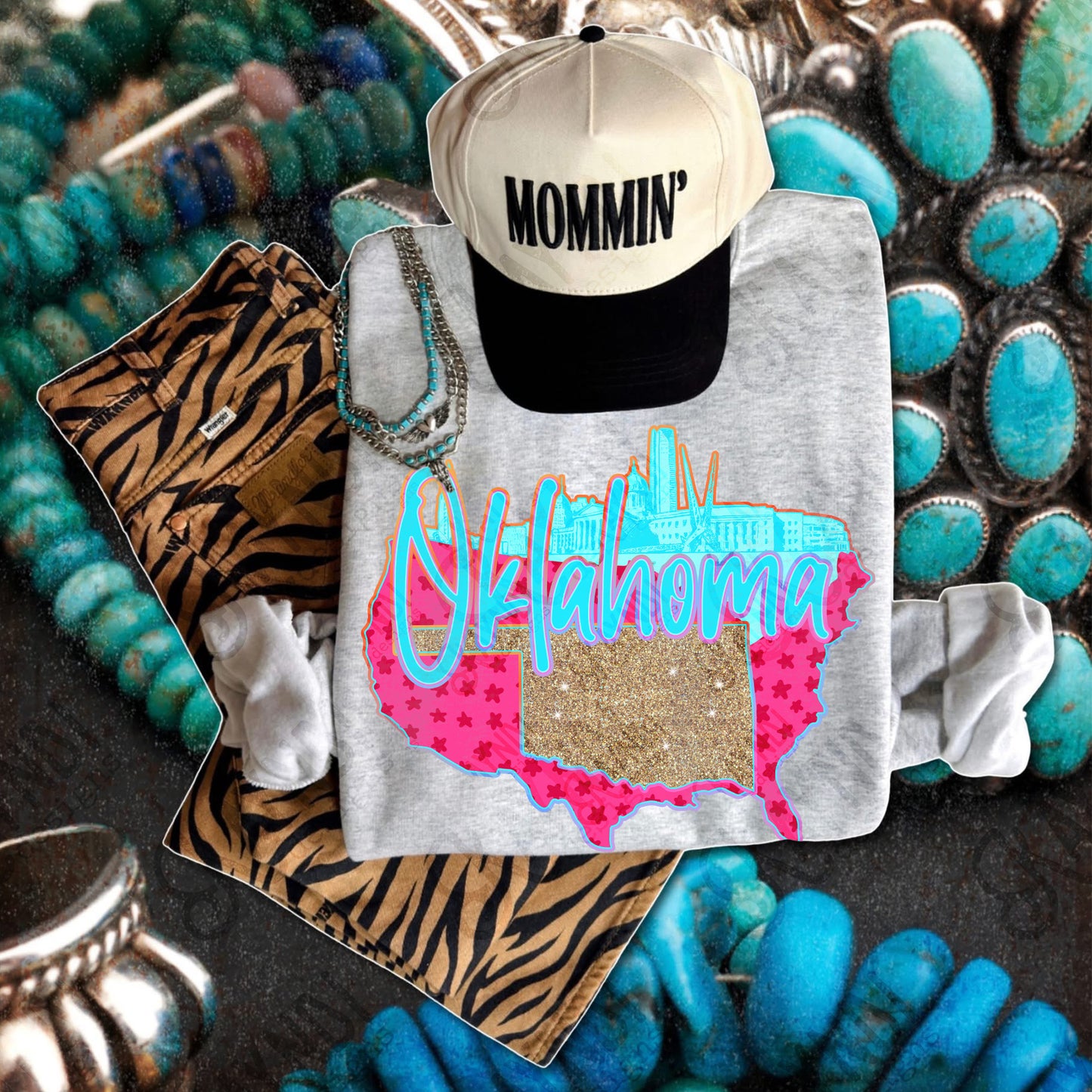 City Scape Oklahoma Sublimation Design PNG Digital Download USA State Pink Blue Glitter Stars