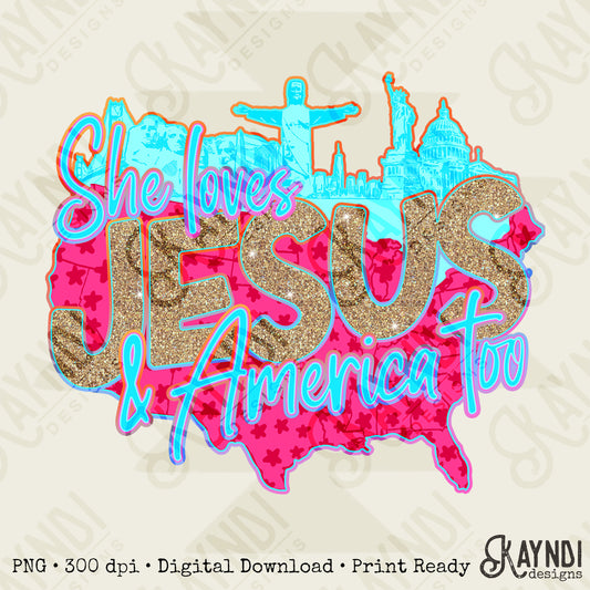 City Scape She Loves Jesus and America too Design PNG Digital Download Sublimation DTF Print Ready