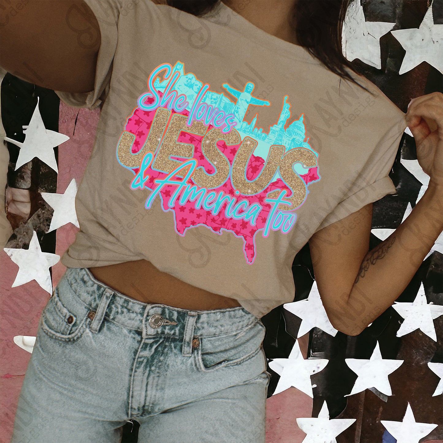 City Scape She Loves Jesus and America too Design PNG Digital Download Sublimation DTF Print Ready