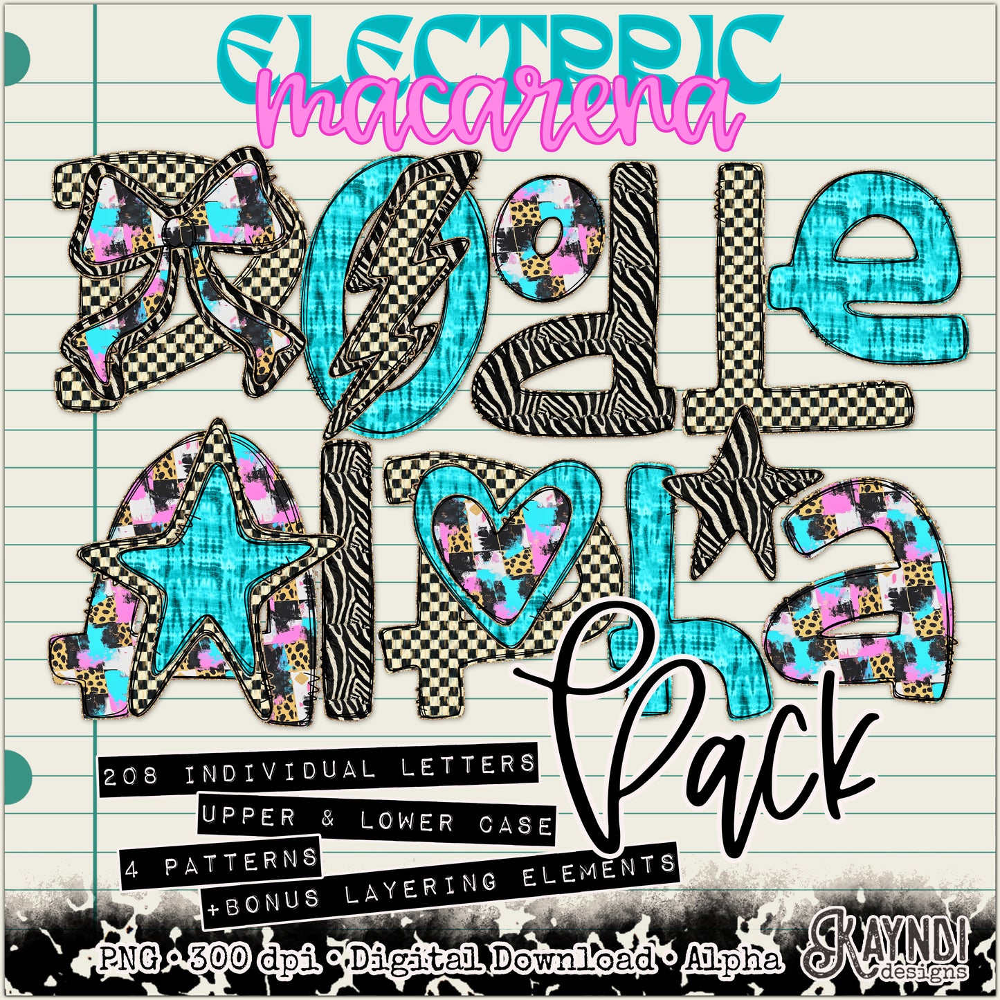 Doodle Alpha Electric Macarena Bundle Alpha Set Sublimation Design PNG Digital Download Printable Animal Print Checker Blue