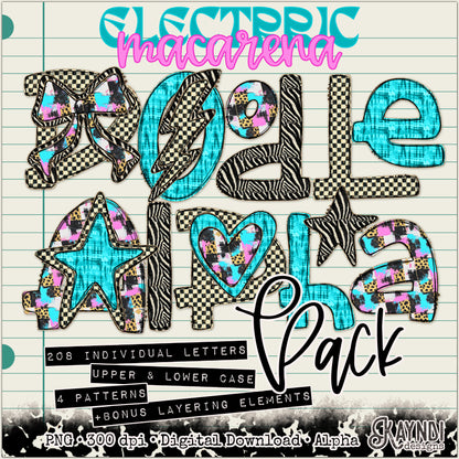 Doodle Alpha Electric Macarena Bundle Alpha Set Sublimation Design PNG Digital Download Printable Animal Print Checker Blue