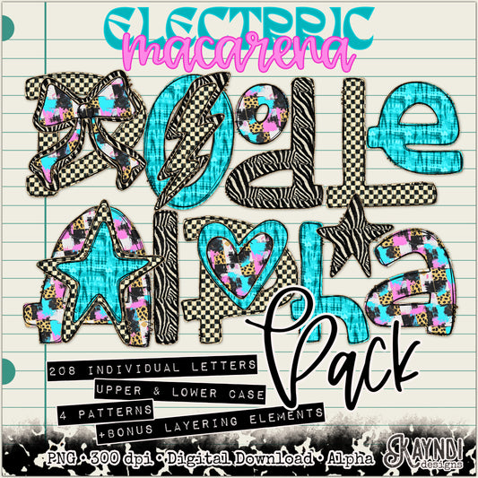 Doodle Alpha Electric Macarena Bundle Alpha Set Sublimation Design PNG Digital Download Printable Animal Print Checker Blue