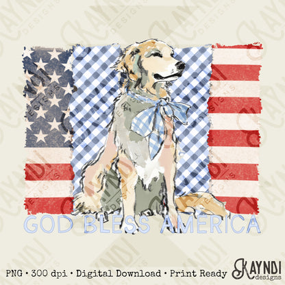 God Bless America Sublimation Design PNG Digital Download American Flag Blue Plaid Dog
