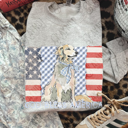 God Bless America Sublimation Design PNG Digital Download American Flag Blue Plaid Dog