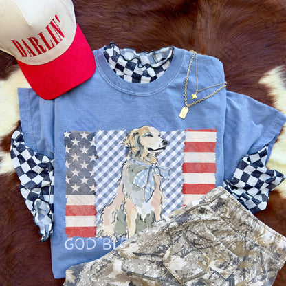 God Bless America Sublimation Design PNG Digital Download American Flag Blue Plaid Dog