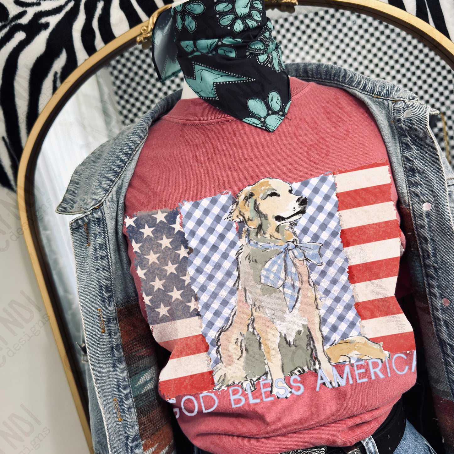 God Bless America Sublimation Design PNG Digital Download American Flag Blue Plaid Dog