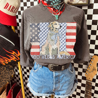 God Bless America Sublimation Design PNG Digital Download American Flag Blue Plaid Dog