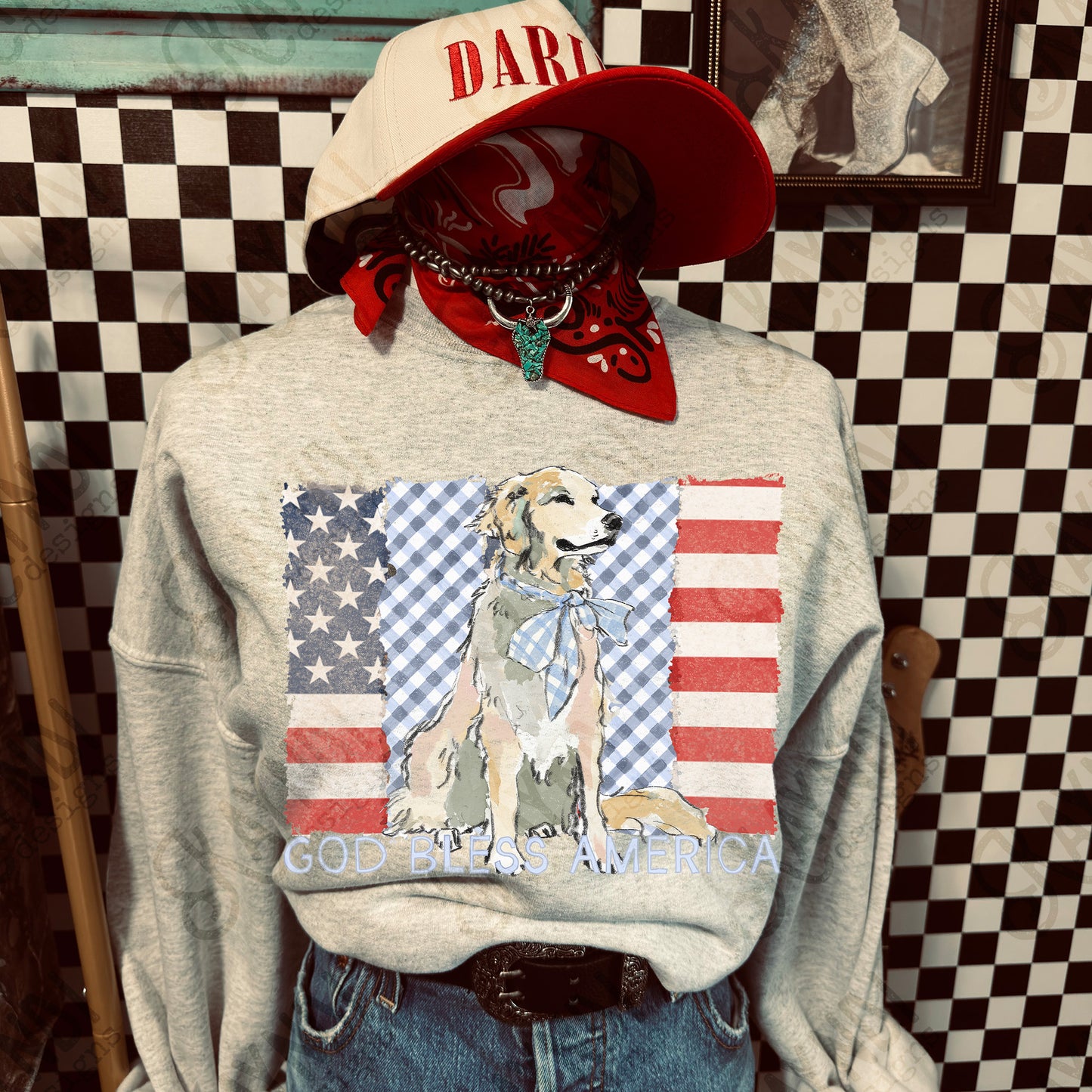 God Bless America Sublimation Design PNG Digital Download American Flag Blue Plaid Dog
