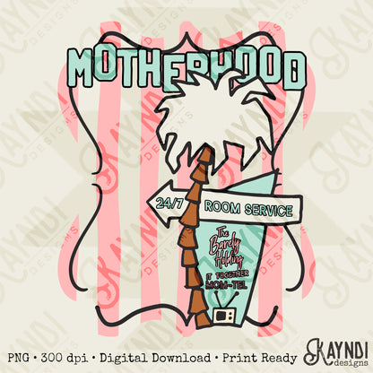 Motherhood The Barely Holding it Together Mom-tel Sublimation Design PNG Digital Download Preppy Palm Stripes