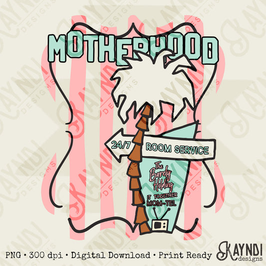 Motherhood The Barely Holding it Together Mom-tel Sublimation Design PNG Digital Download Preppy Palm Stripes