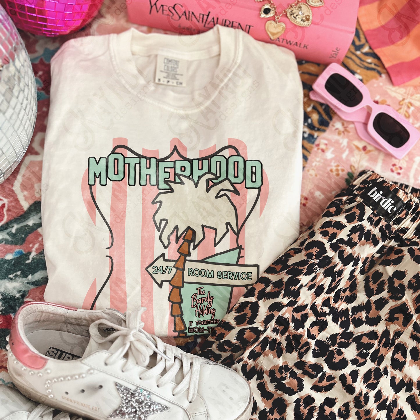 Motherhood The Barely Holding it Together Mom-tel Sublimation Design PNG Digital Download Preppy Palm Stripes