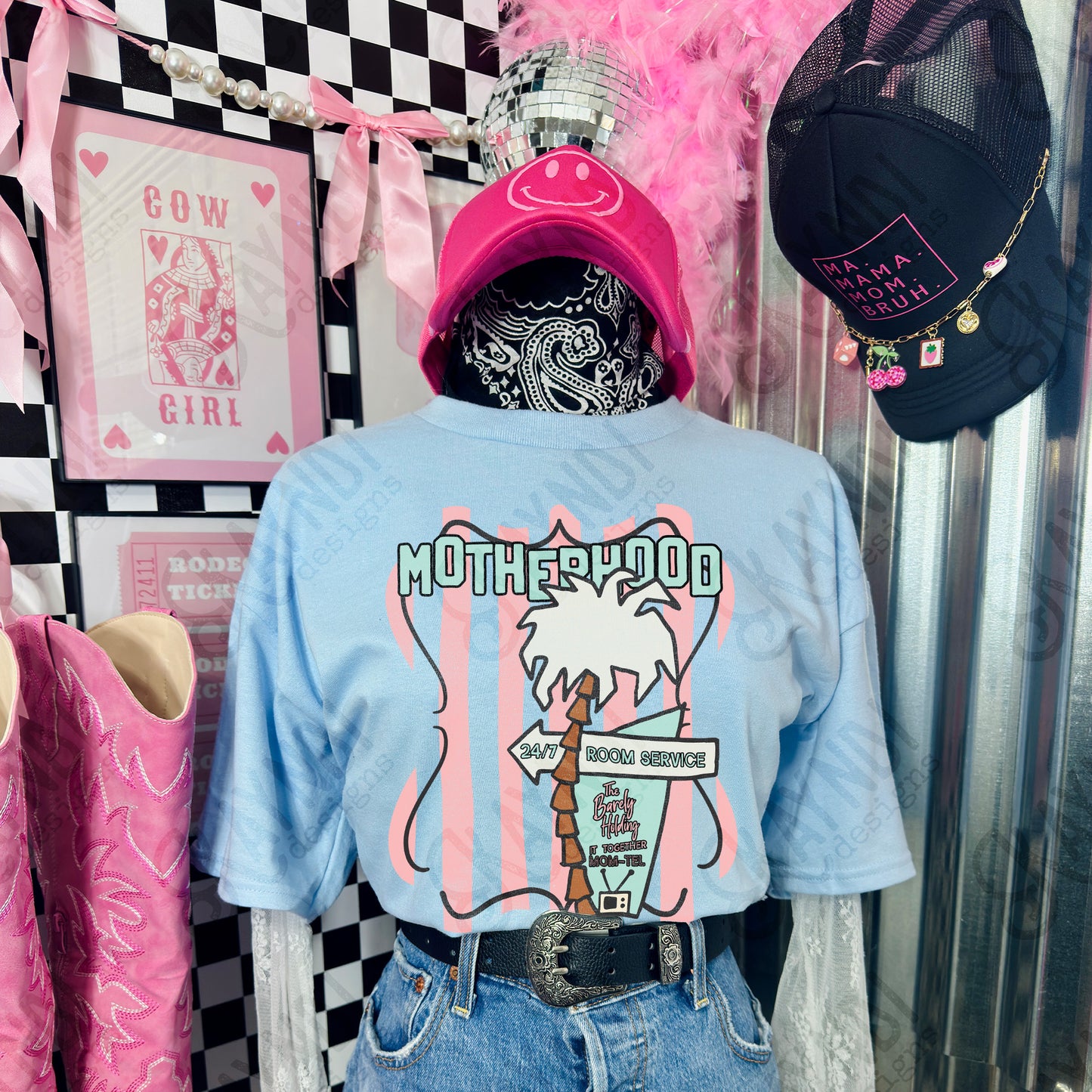 Motherhood The Barely Holding it Together Mom-tel Sublimation Design PNG Digital Download Preppy Palm Stripes