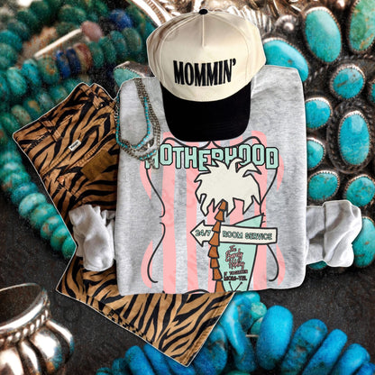 Motherhood The Barely Holding it Together Mom-tel Sublimation Design PNG Digital Download Preppy Palm Stripes