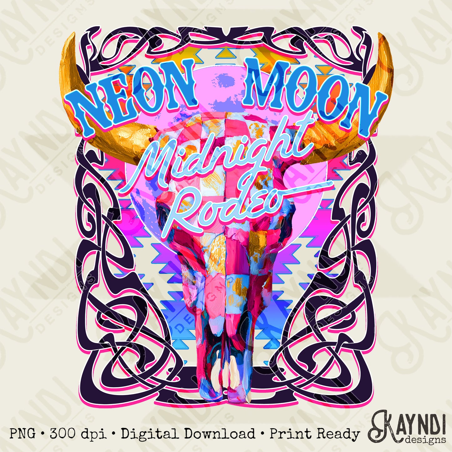 Neon Moon Midnight Rodeo Design PNG Digital Download Sublimation DTF Print Ready