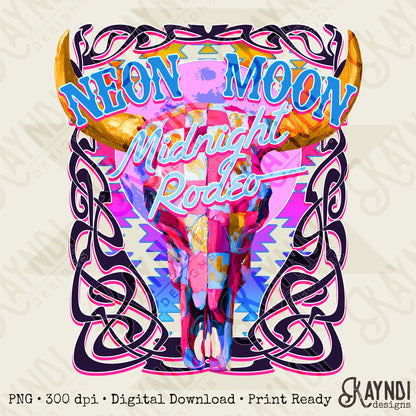 Neon Moon Midnight Rodeo Design PNG Digital Download Sublimation DTF Print Ready