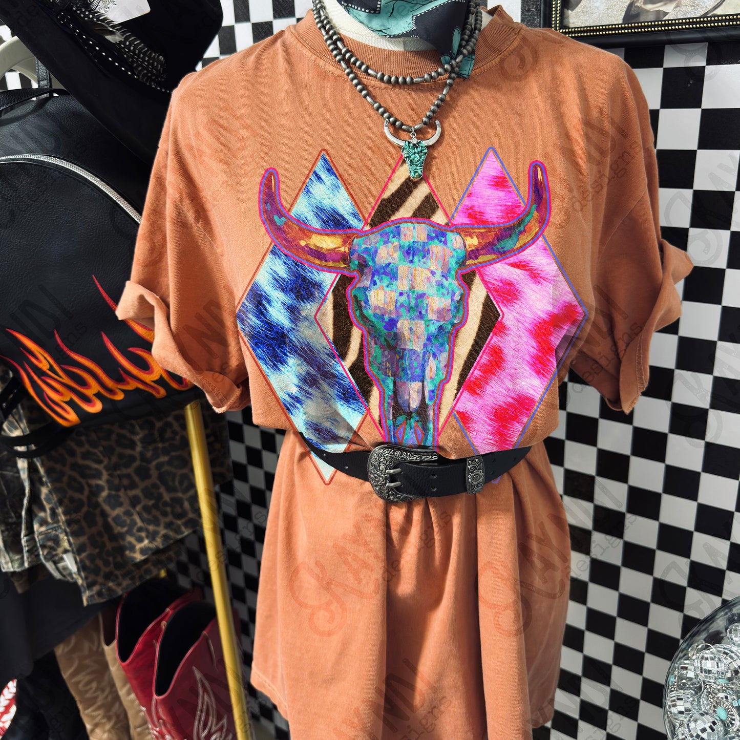 Neon Steer Skull Design PNG Digital Download Sublimation DTF Print Ready