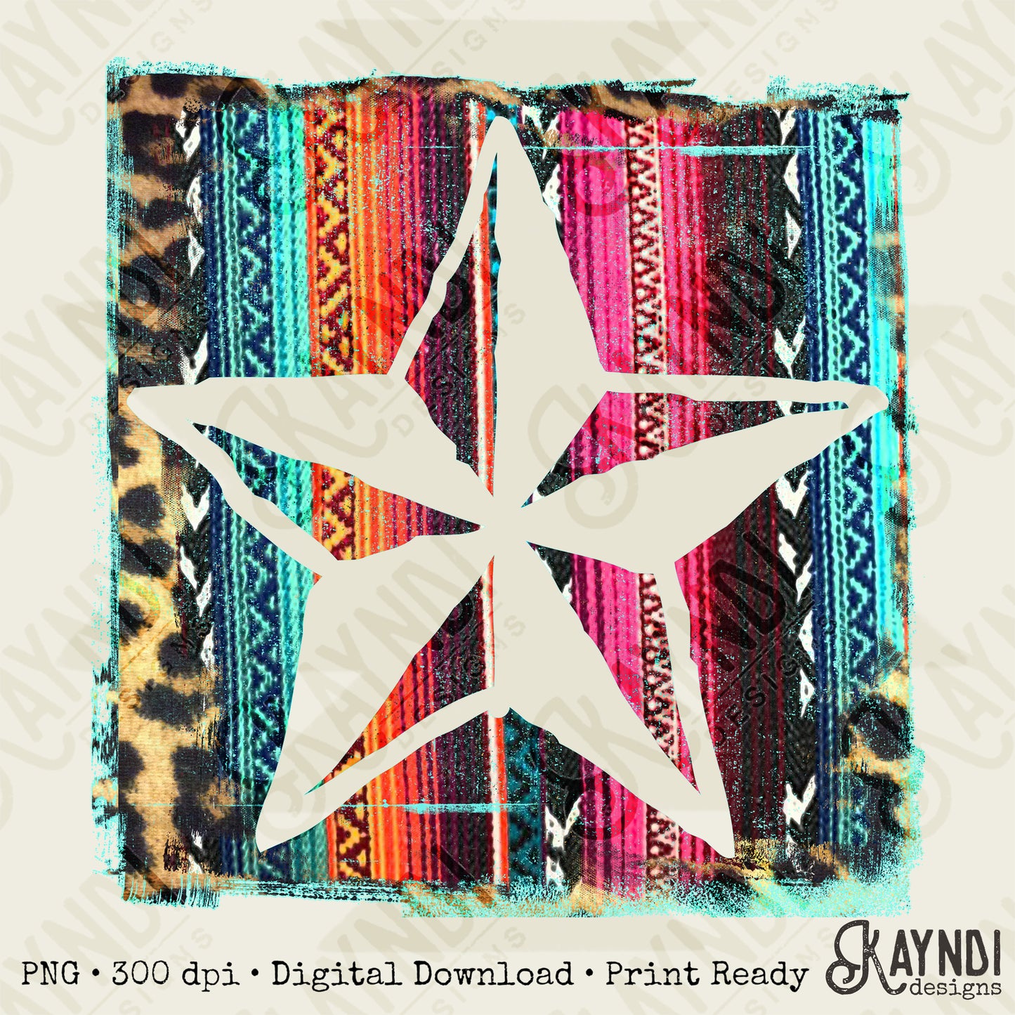Star Cutout Serape Leopard Sublimation Design PNG Digital Download Nautical Inverse