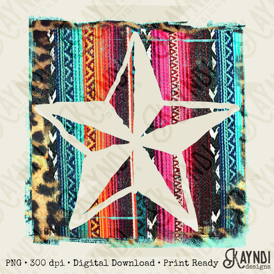 Star Cutout Serape Leopard Sublimation Design PNG Digital Download Nautical Inverse
