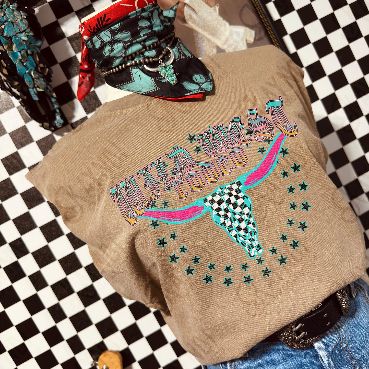 Wild West Rodeo  Sublimation Design PNG Digital Download Checker Bull Western Stars