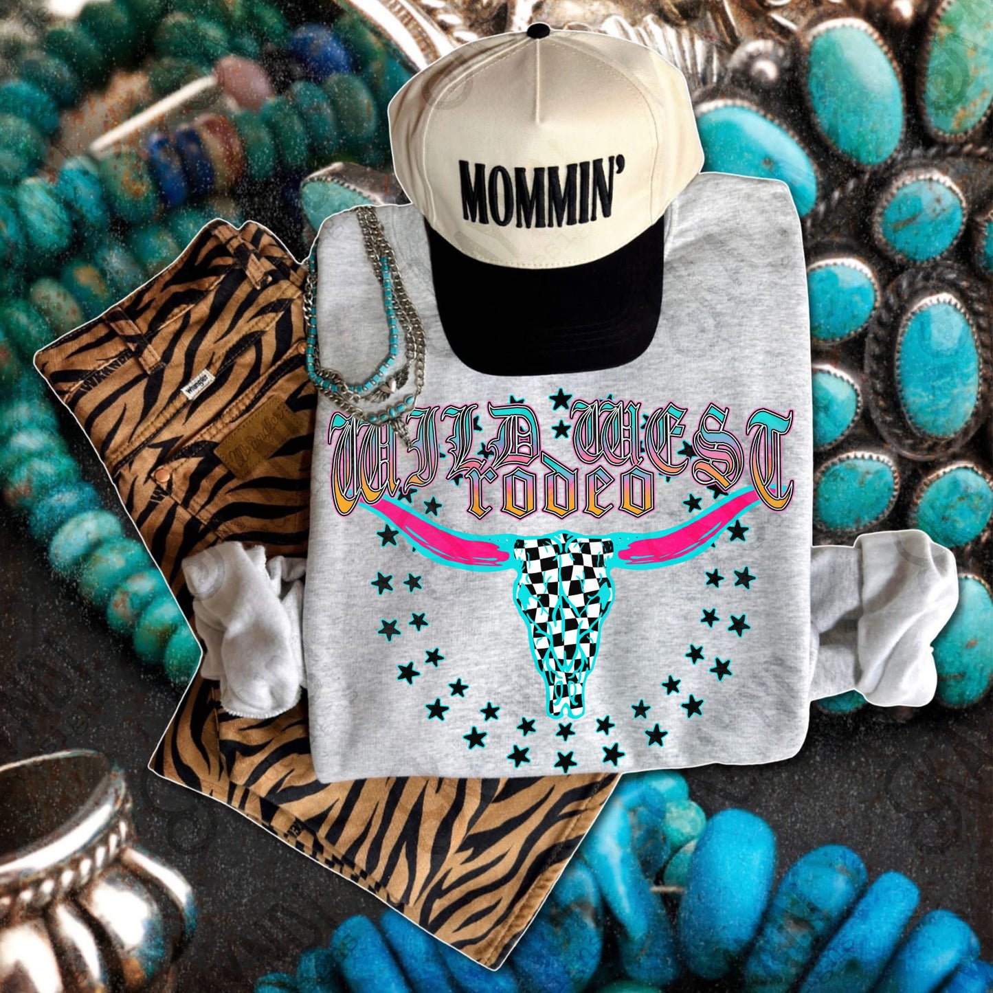 Wild West Rodeo  Sublimation Design PNG Digital Download Checker Bull Western Stars