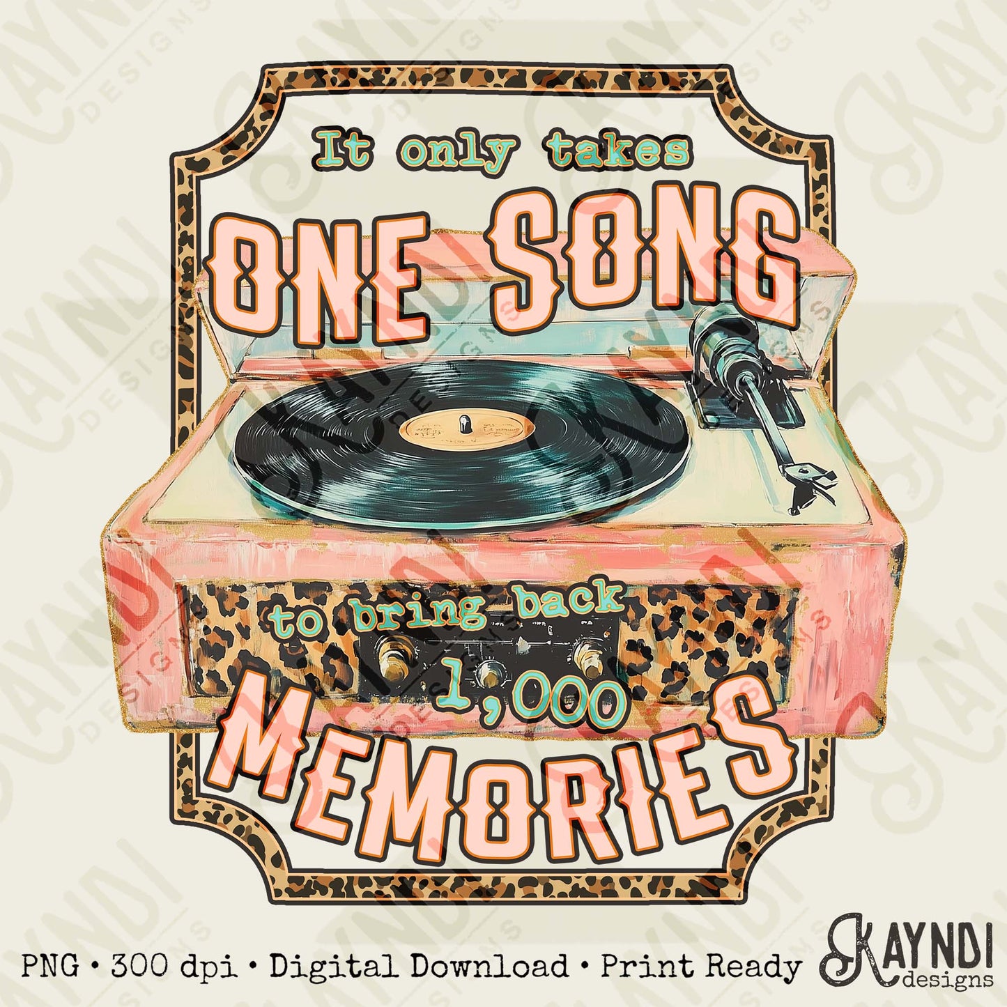 One Song Sublimation Design PNG Digital Download Printable Cheetah Record Player