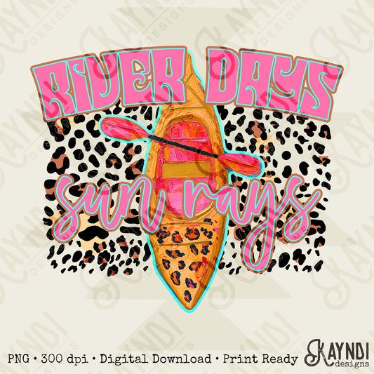 River Days Sun Rays Sublimation Design PNG Digital Download Printable Summer Cheetah Kayak