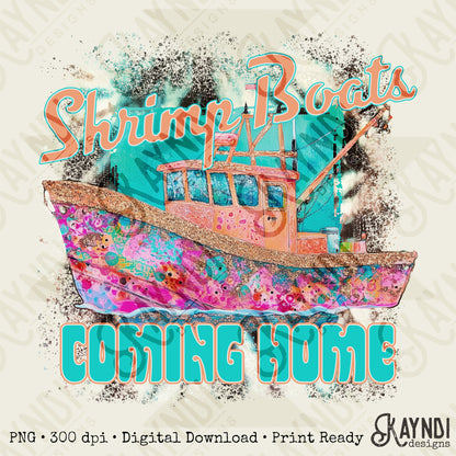 Shrimp Boats Coming Home Sublimation Design PNG Digital Download Printable Coastal Pastel