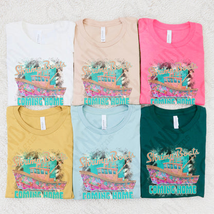 Shrimp Boats Coming Home Sublimation Design PNG Digital Download Printable Coastal Pastel