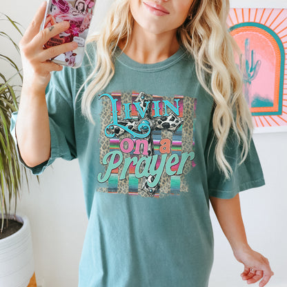 Livin on a Prayer Sublimation Design PNG Digital Download Printable Faith Western Cross