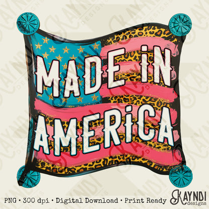 Made in America Sublimation Design PNG Digital Download Printable American Flag Turquoise Cheetah